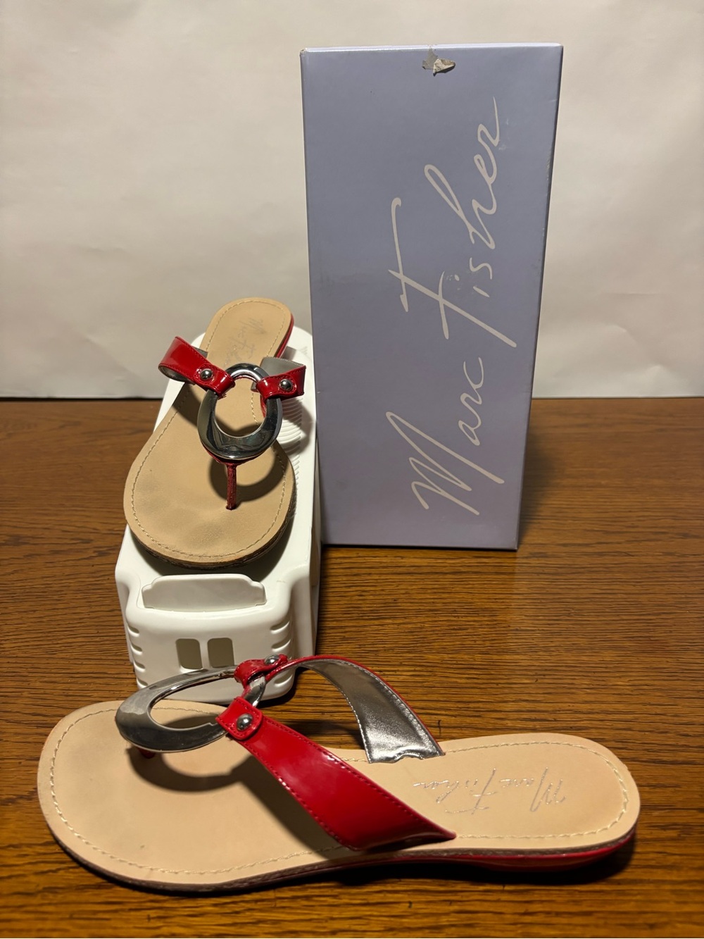 Marc Fisher Red Patent Leather Ring-Accent Thong Sandals